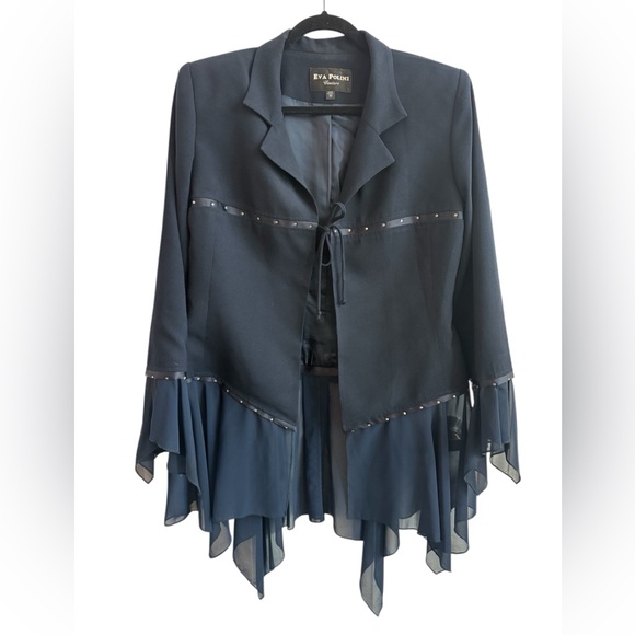 Jackets & Blazers - EVA POLINI COUTURE Vintage Navy Blue Jacket w/ Rhinestone & Sheer Detail Sz 10